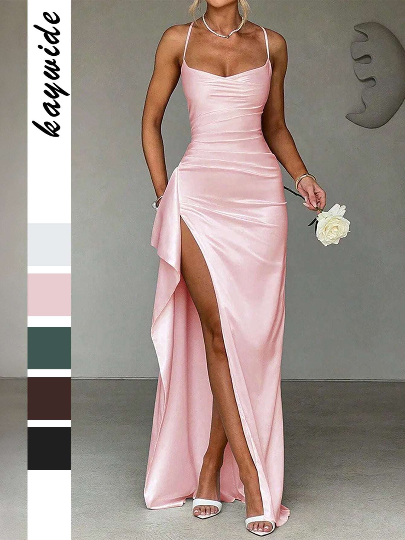 Bodycon Satin Maxi Dress with Cowl Neck and High Slit