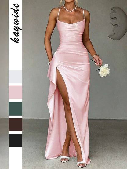 Bodycon Satin Maxi Dress with Cowl Neck and High Slit