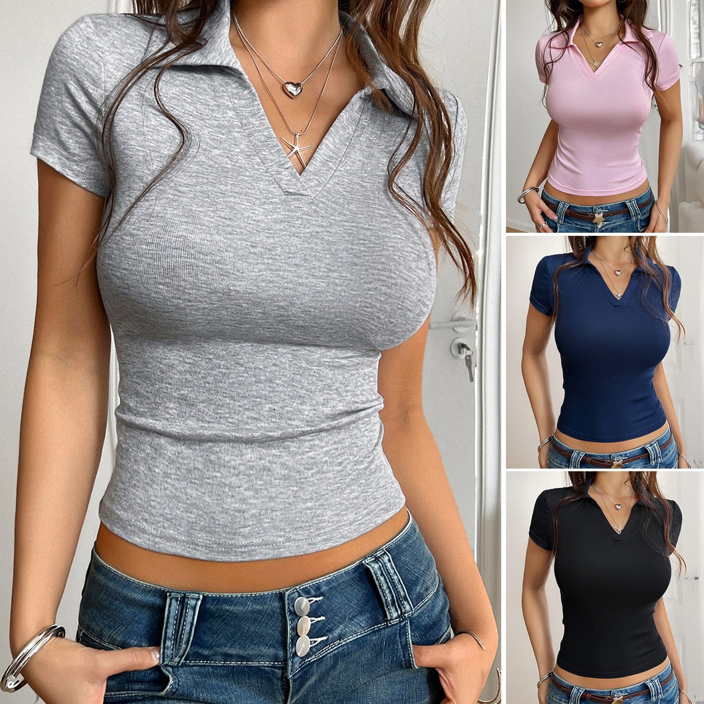 Slim Fit Ribbed Knit Crop Top with Polo V-Neck