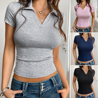 Slim Fit Ribbed Knit Crop Top with Polo V-Neck