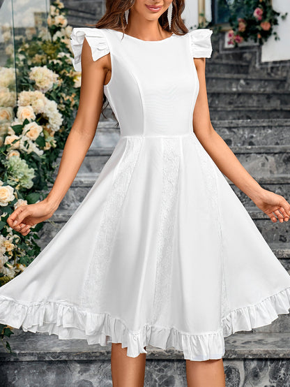 Solid A-Line Midi Dress with Ruffled Sleeves and Hem