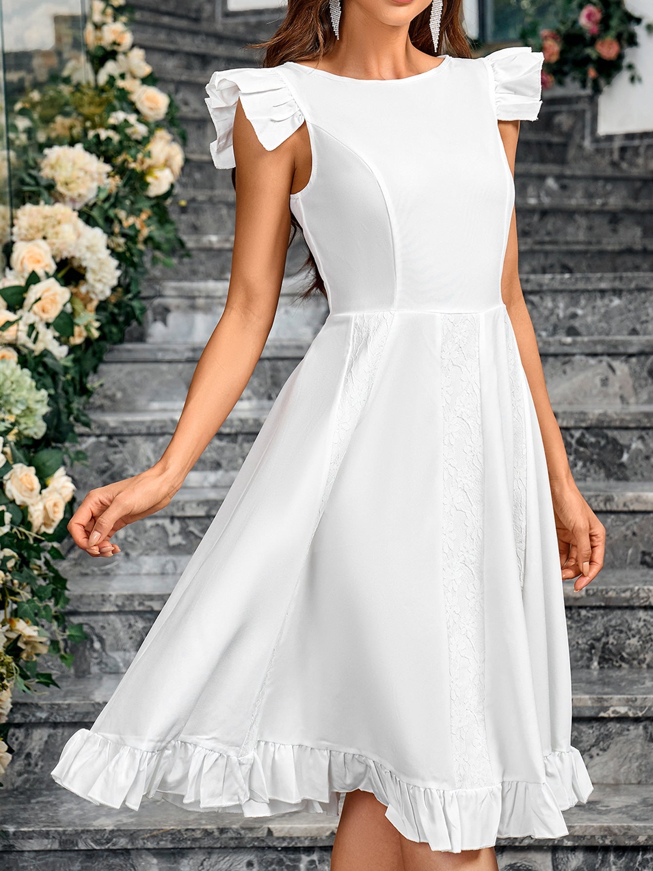 Solid A-Line Midi Dress with Ruffled Sleeves and Hem