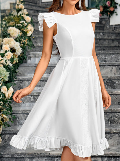 Solid A-Line Midi Dress with Ruffled Sleeves and Hem