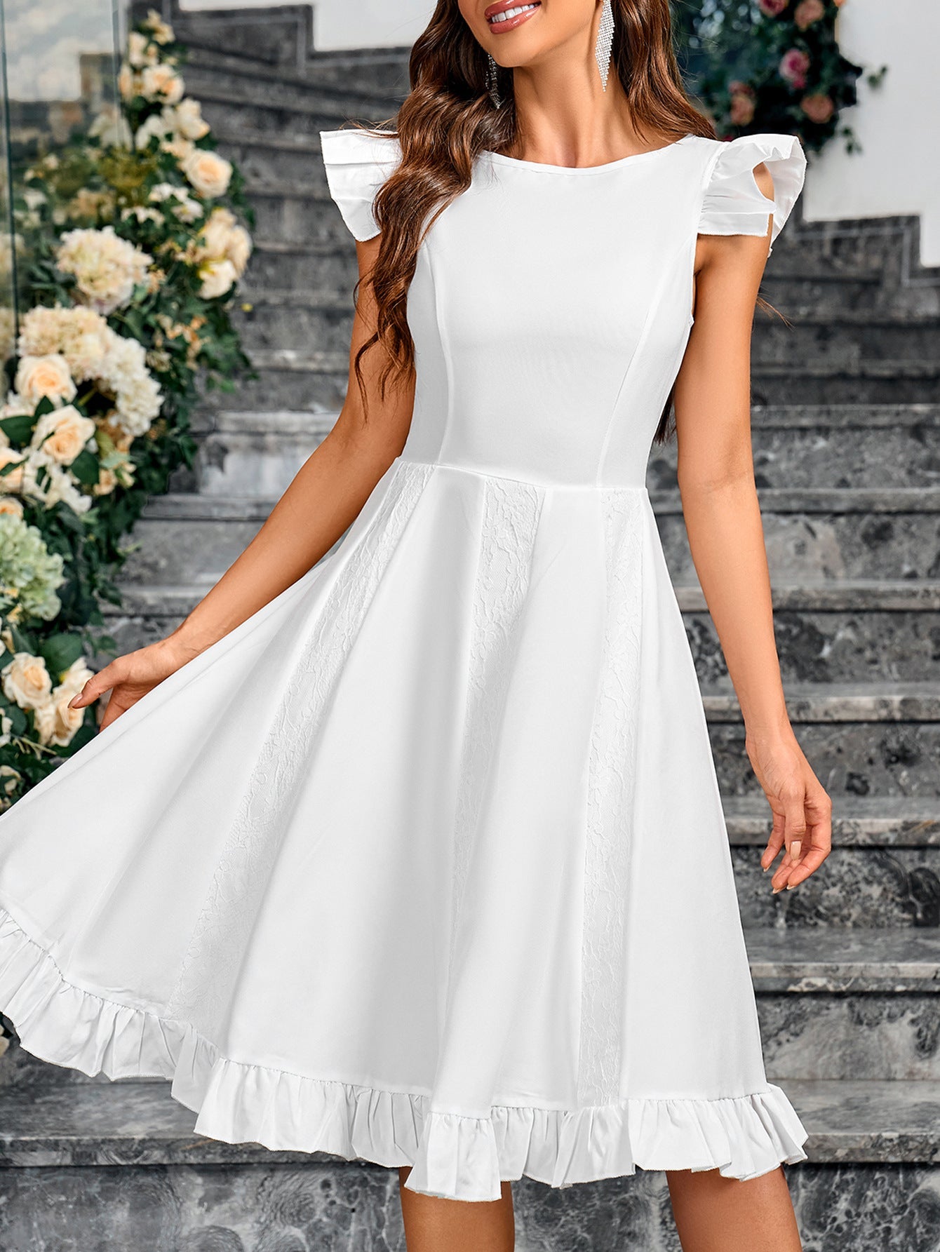 Solid A-Line Midi Dress with Ruffled Sleeves and Hem