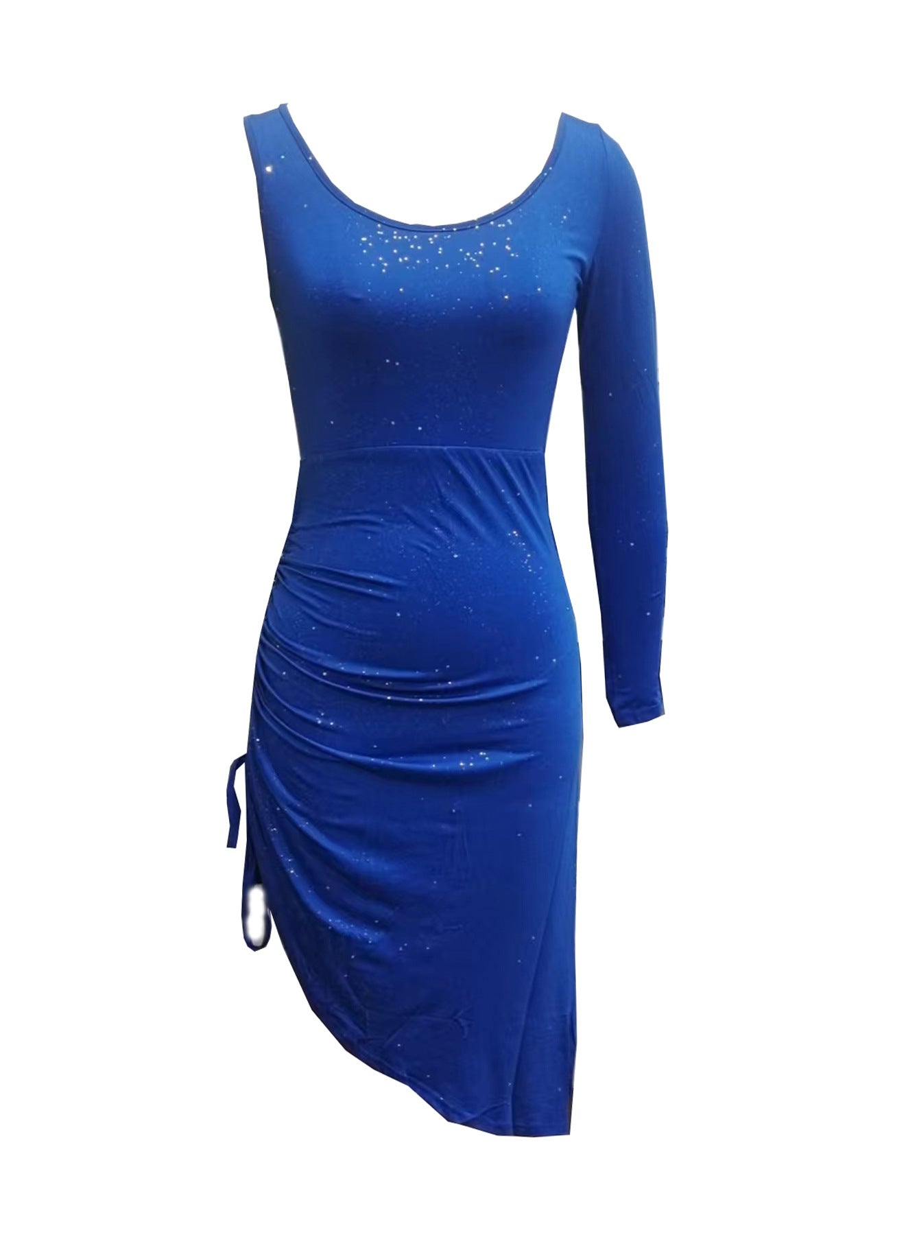 Bodycon Midi Dress with Single-Sleeve, Ruched Slit, and Glitter