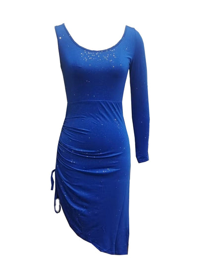 Bodycon Midi Dress with Single-Sleeve, Ruched Slit, and Glitter