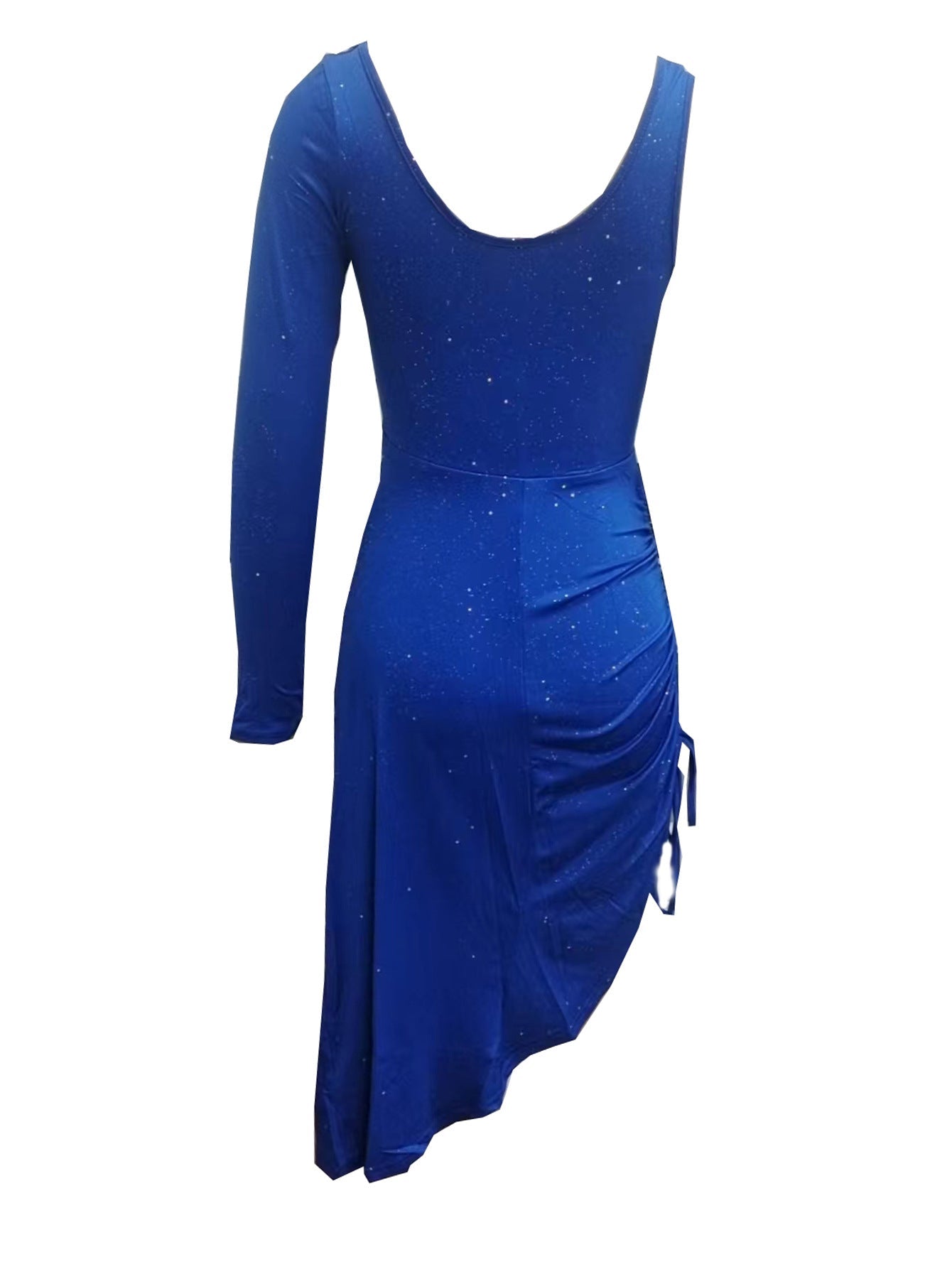 Bodycon Midi Dress with Single-Sleeve, Ruched Slit, and Glitter