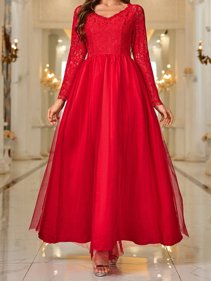 Maxi V-Neck Dress with Mesh Lace Long Sleeves and Tulle Skirt