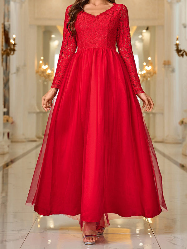 Maxi V-Neck Dress with Mesh Lace Long Sleeves and Tulle Skirt