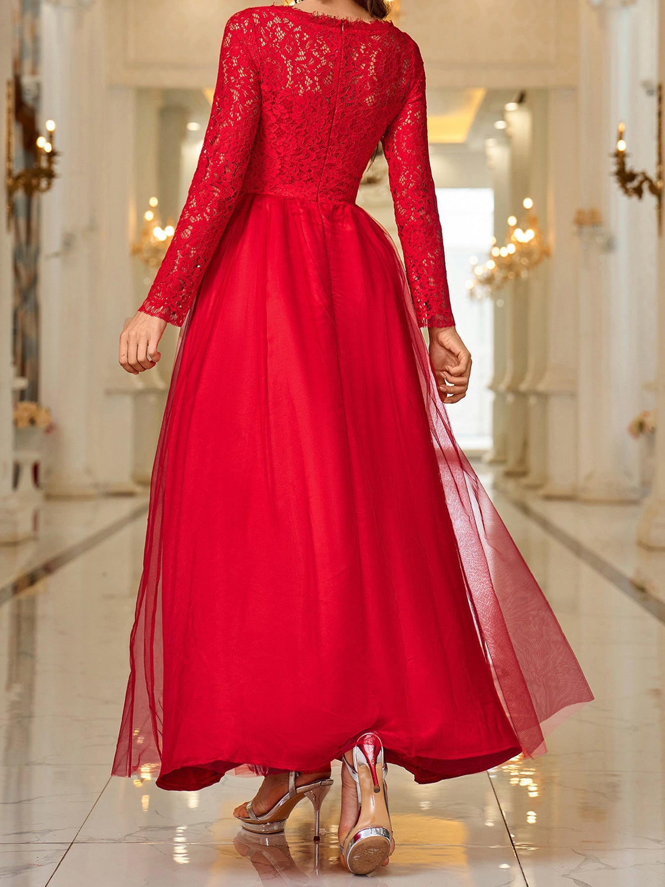 Maxi V-Neck Dress with Mesh Lace Long Sleeves and Tulle Skirt