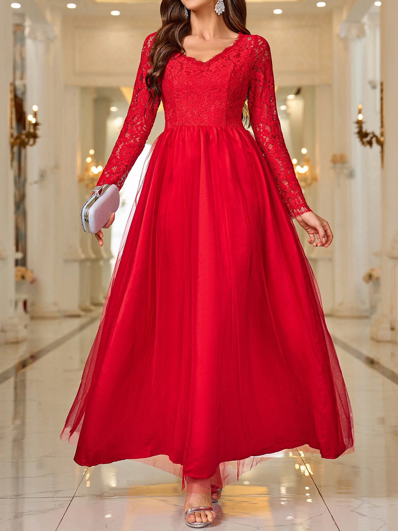 Maxi V-Neck Dress with Mesh Lace Long Sleeves and Tulle Skirt