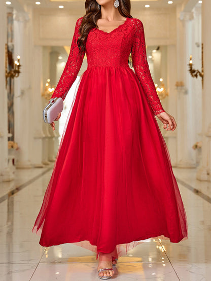 Maxi V-Neck Dress with Mesh Lace Long Sleeves and Tulle Skirt
