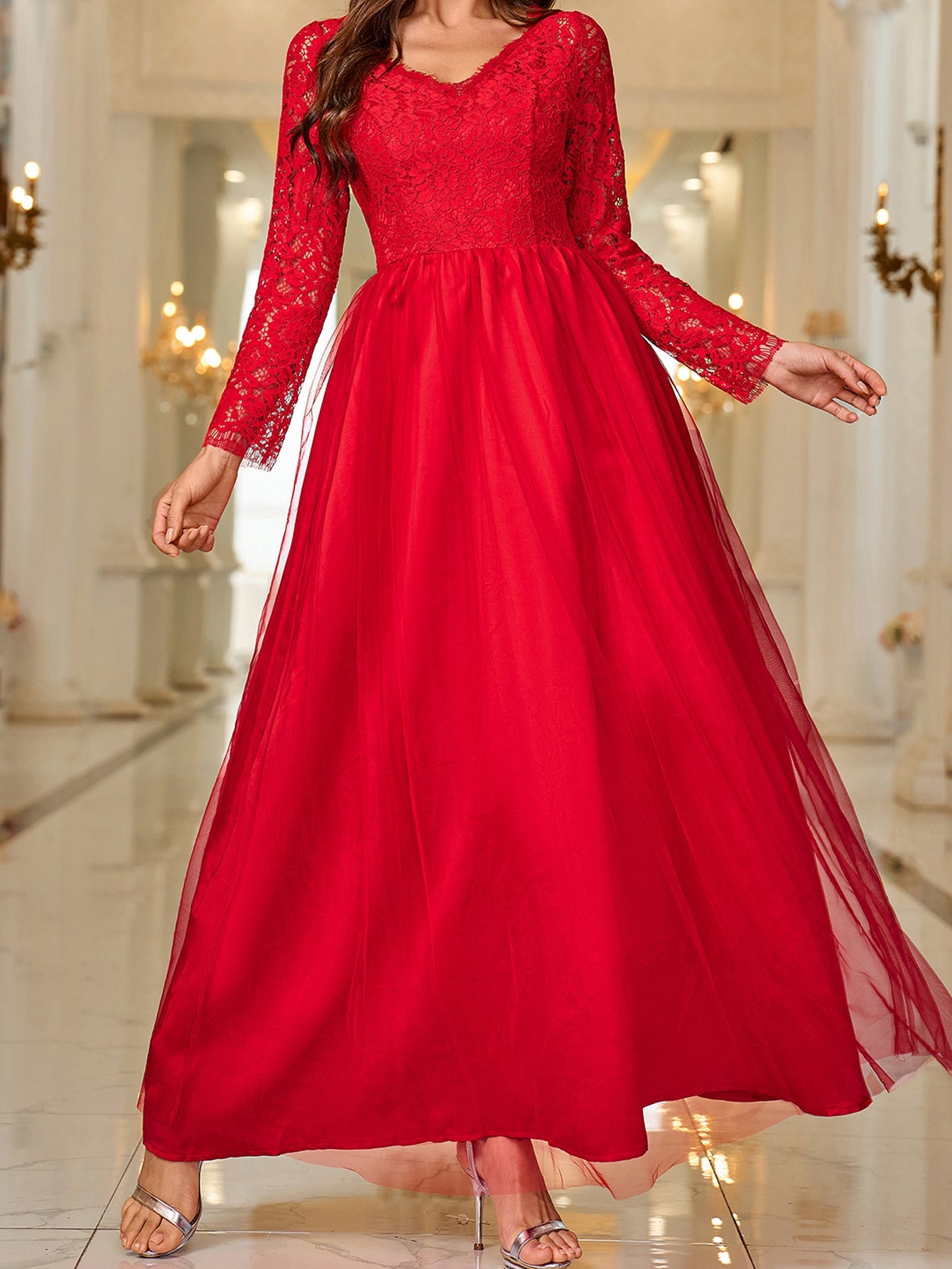 Maxi V-Neck Dress with Mesh Lace Long Sleeves and Tulle Skirt