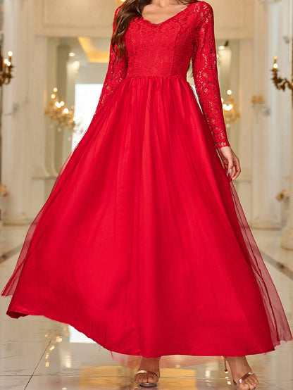 Maxi V-Neck Dress with Mesh Lace Long Sleeves and Tulle Skirt