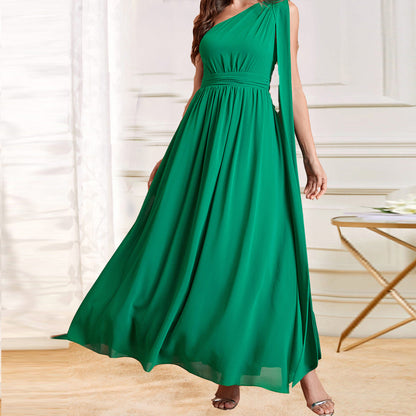 A-Line Maxi Dress with One-Shoulder and Chiffon Fabric