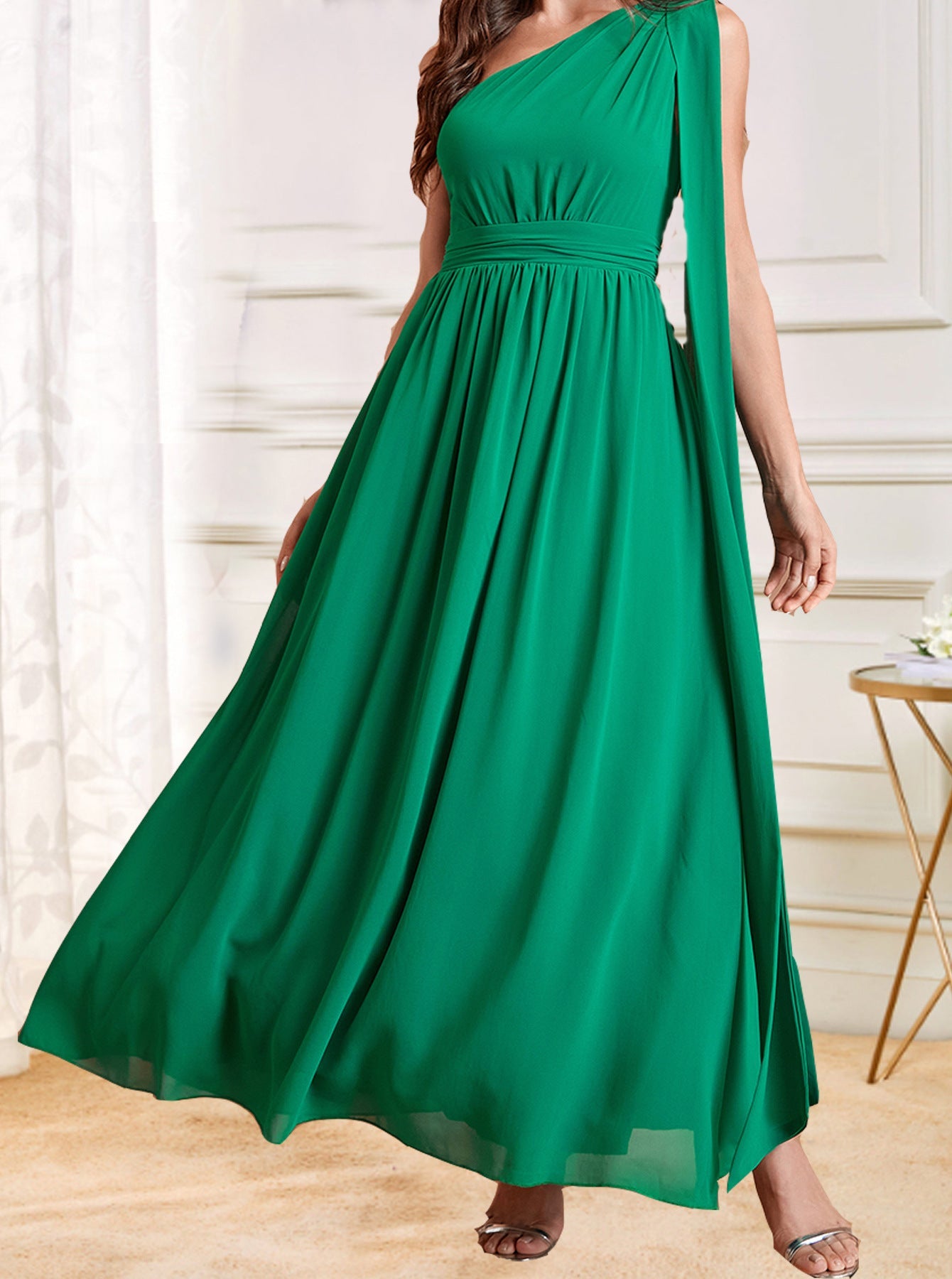 A-Line Maxi Dress with One-Shoulder and Chiffon Fabric