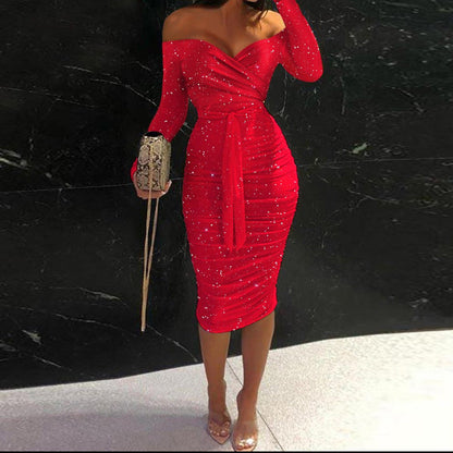 Sequined Bodycon Midi Dress with Off-Shoulder and Ruched Detail