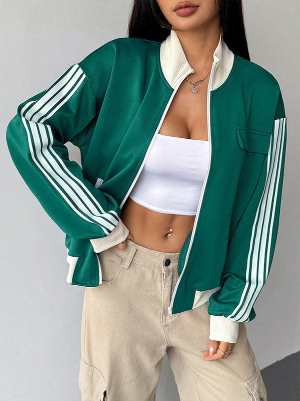 Oversized Striped Track Jacket with Stand Collar