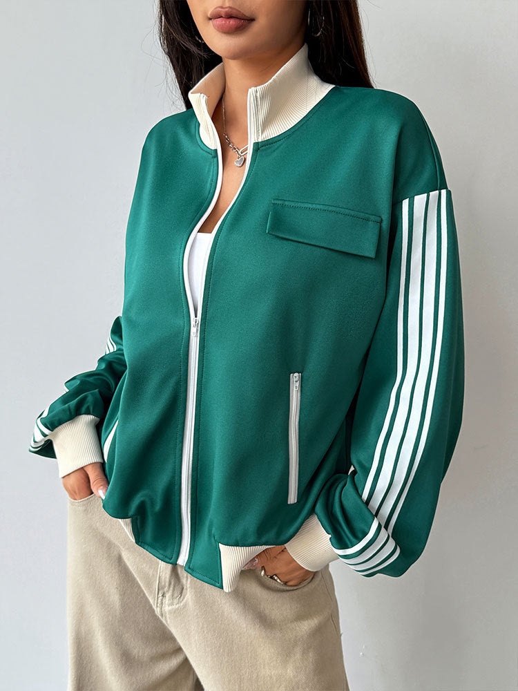Oversized Striped Track Jacket with Stand Collar