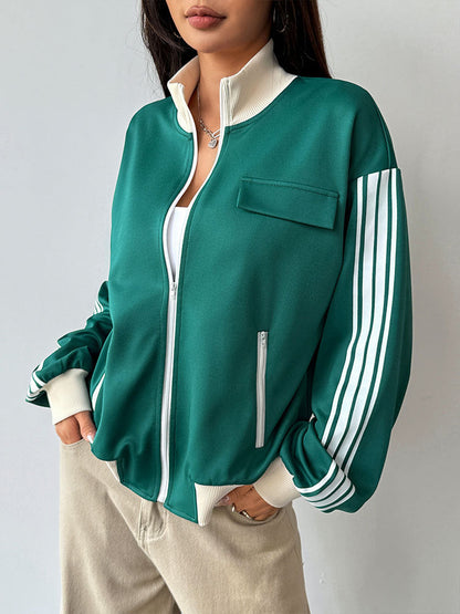 Oversized Striped Track Jacket with Stand Collar