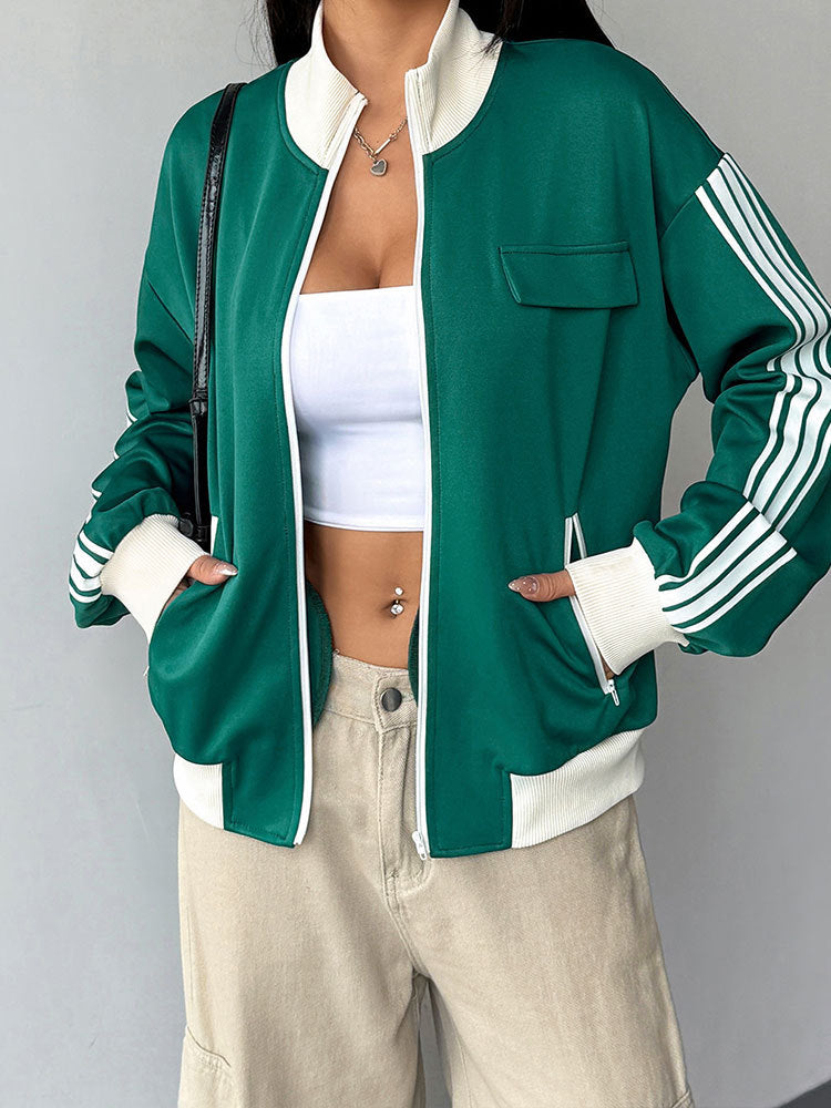 Oversized Striped Track Jacket with Stand Collar