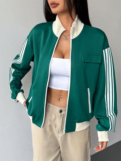 Oversized Striped Track Jacket with Stand Collar