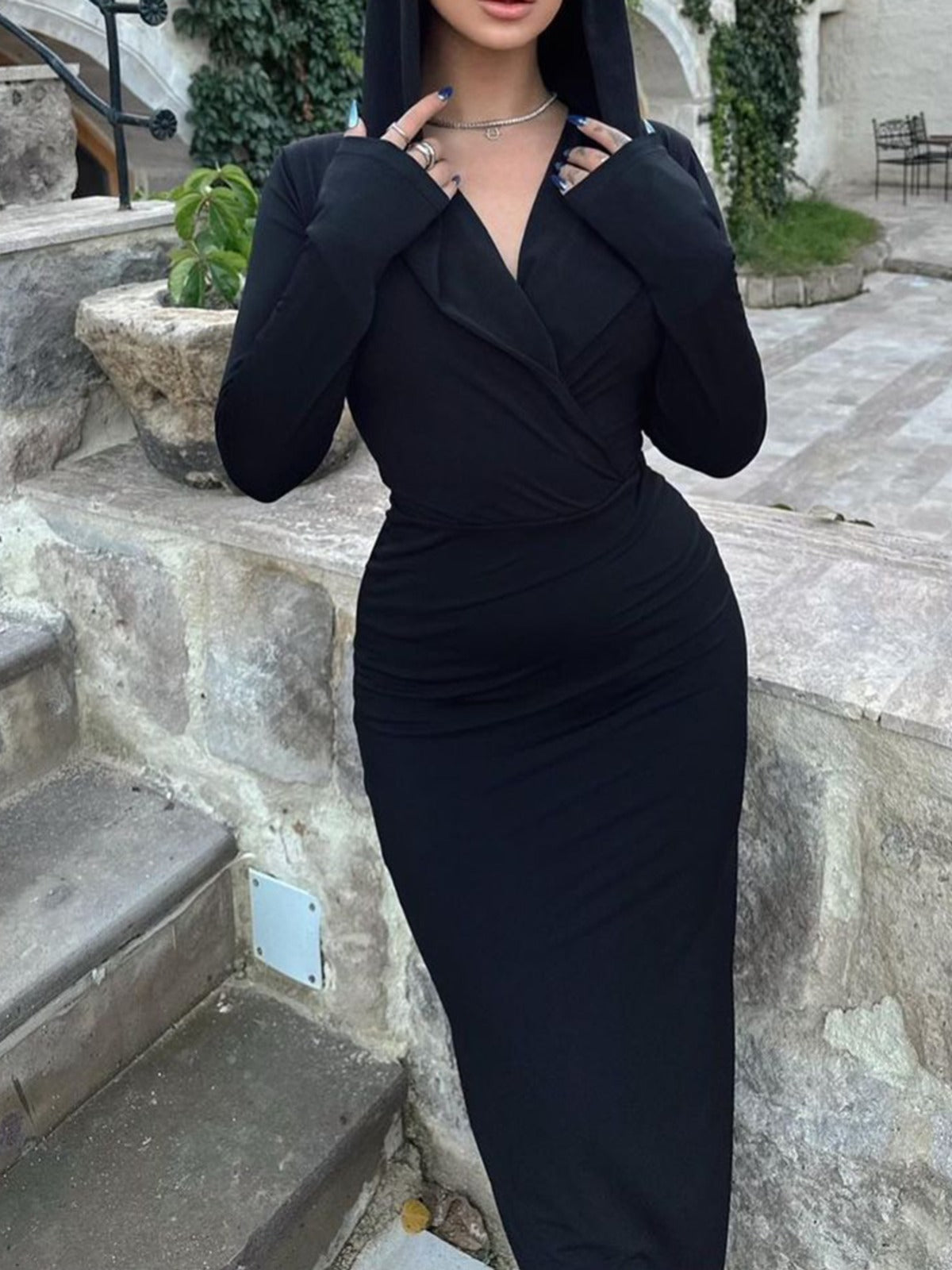 Bodycon Midi Dress with Hood and Long Sleeves