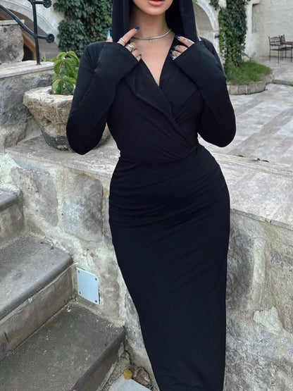 Bodycon Midi Dress with Hood and Long Sleeves