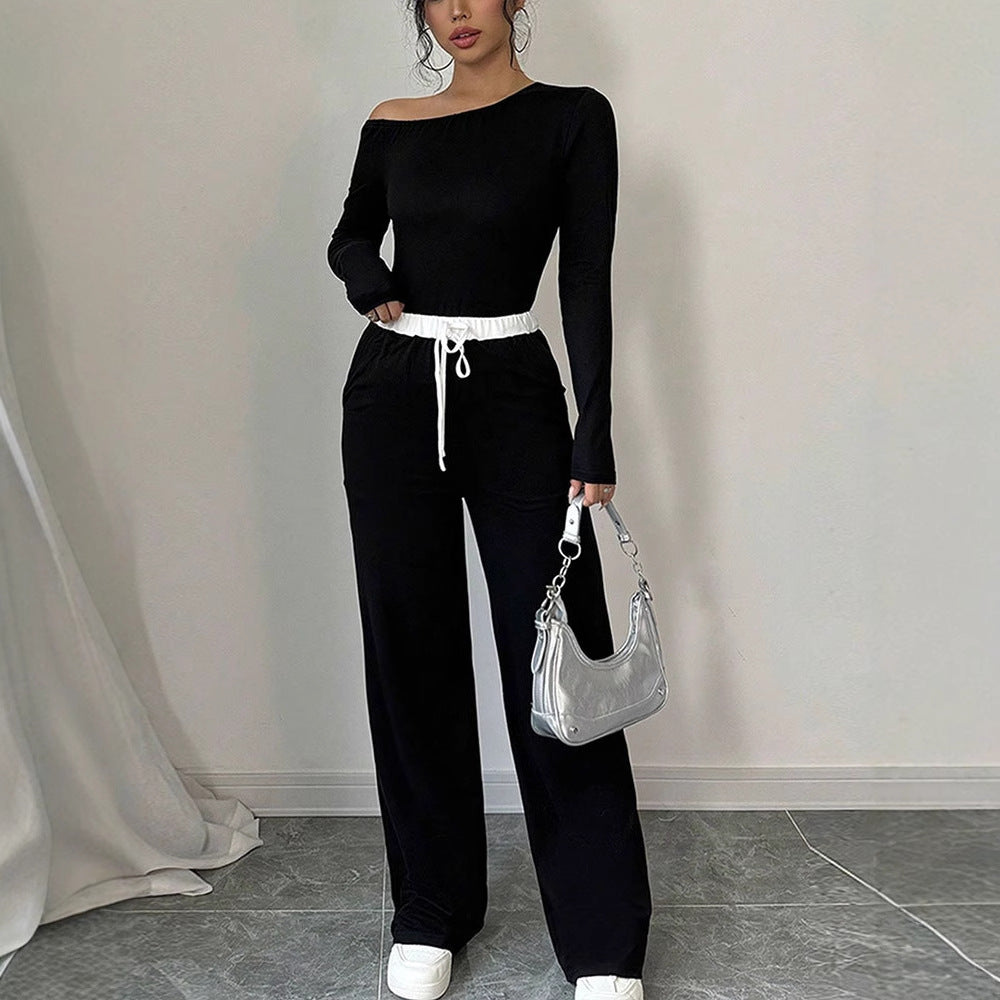 Contrast Trim Two-Piece Set with Off-Shoulder Top & Wide-Leg Pants