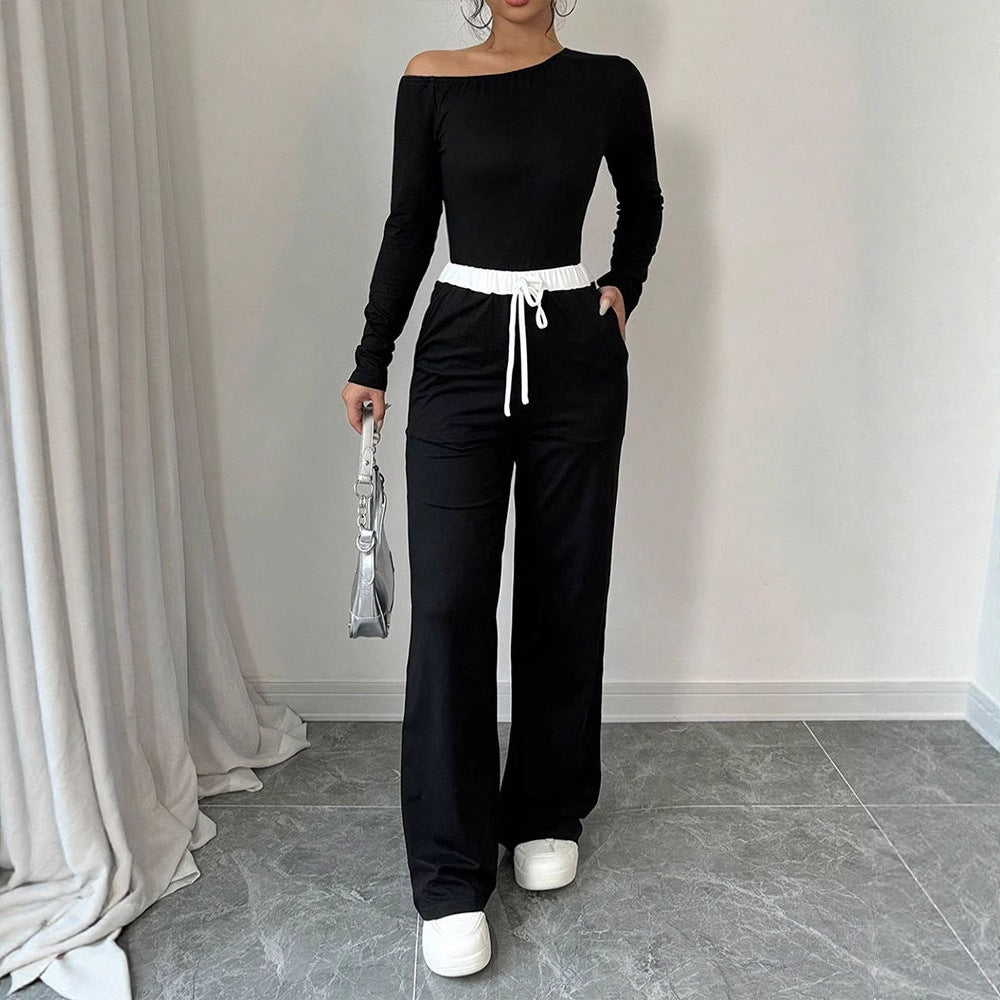 Contrast Trim Two-Piece Set with Off-Shoulder Top & Wide-Leg Pants