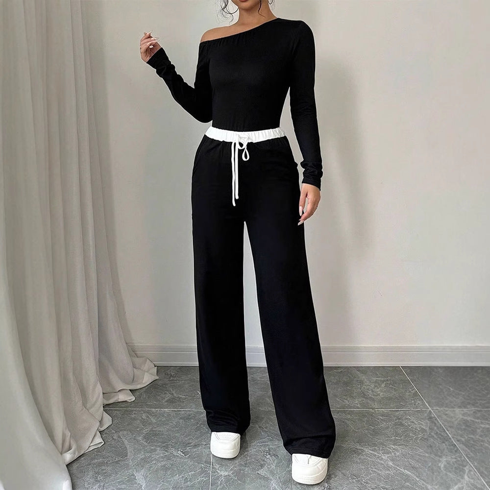Contrast Trim Two-Piece Set with Off-Shoulder Top & Wide-Leg Pants