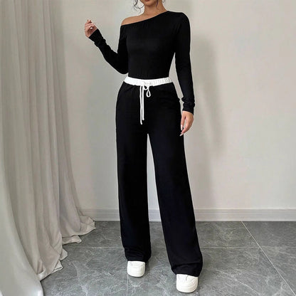 Contrast Trim Two-Piece Set with Off-Shoulder Top & Wide-Leg Pants