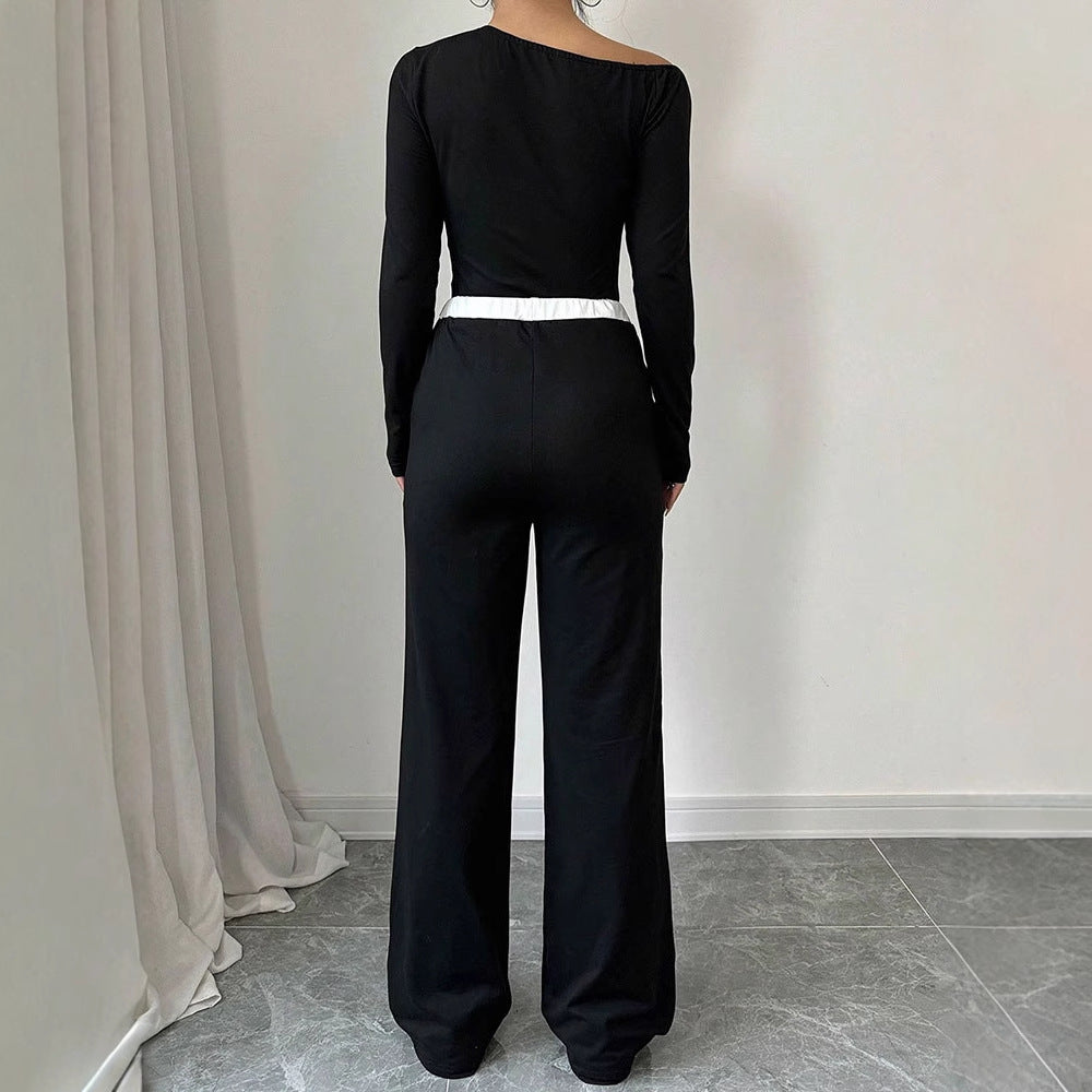 Contrast Trim Two-Piece Set with Off-Shoulder Top & Wide-Leg Pants