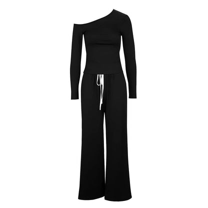 Contrast Trim Two-Piece Set with Off-Shoulder Top & Wide-Leg Pants