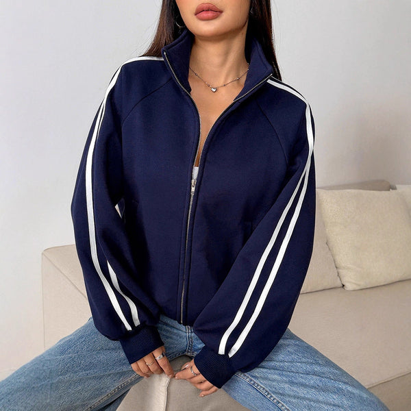 Loose Fit Striped Track Jacket with Full Zipper and Stand Collar
