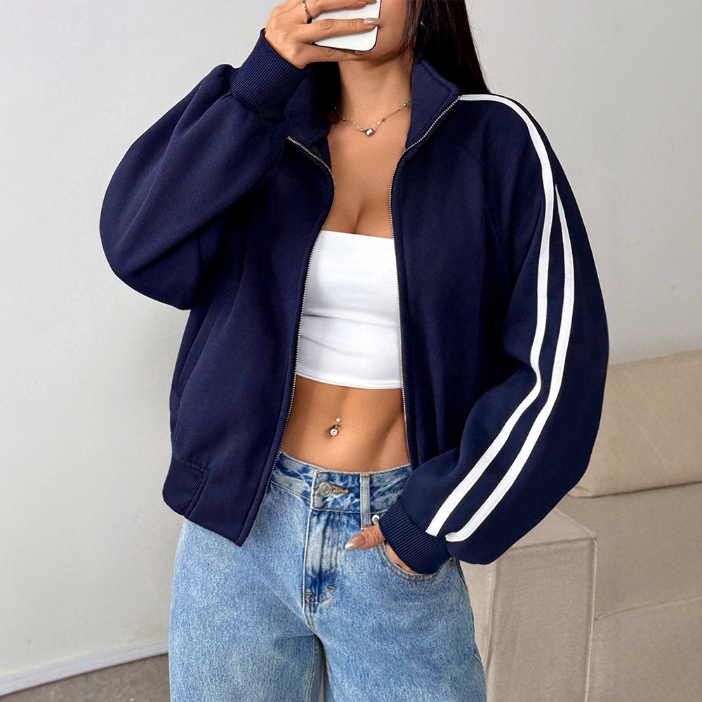 Loose Fit Striped Track Jacket with Full Zipper and Stand Collar