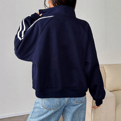 Loose Fit Striped Track Jacket with Full Zipper and Stand Collar