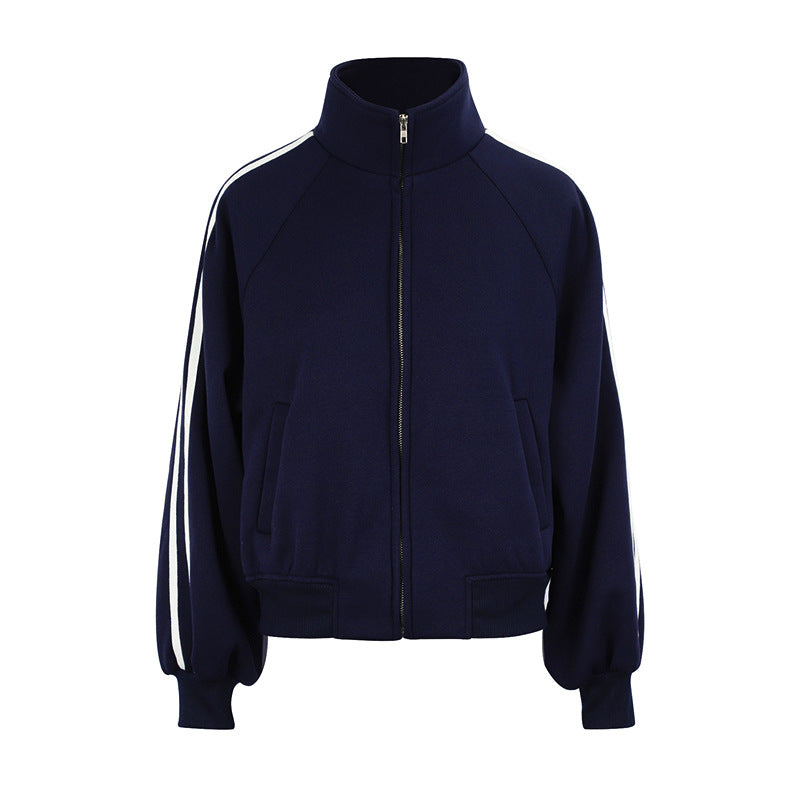 Loose Fit Striped Track Jacket with Full Zipper and Stand Collar