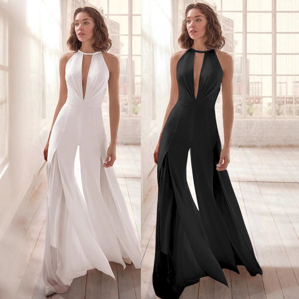 Plunge Halter Jumpsuit with Split Wide-Leg Pants