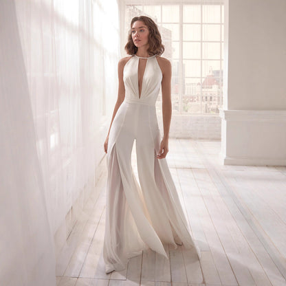 Plunge Halter Jumpsuit with Split Wide-Leg Pants