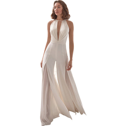 Plunge Halter Jumpsuit with Split Wide-Leg Pants