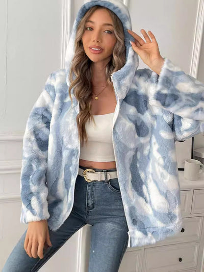 Tie-Dyed Faux Fur Jacket with Hood and Zipper Front