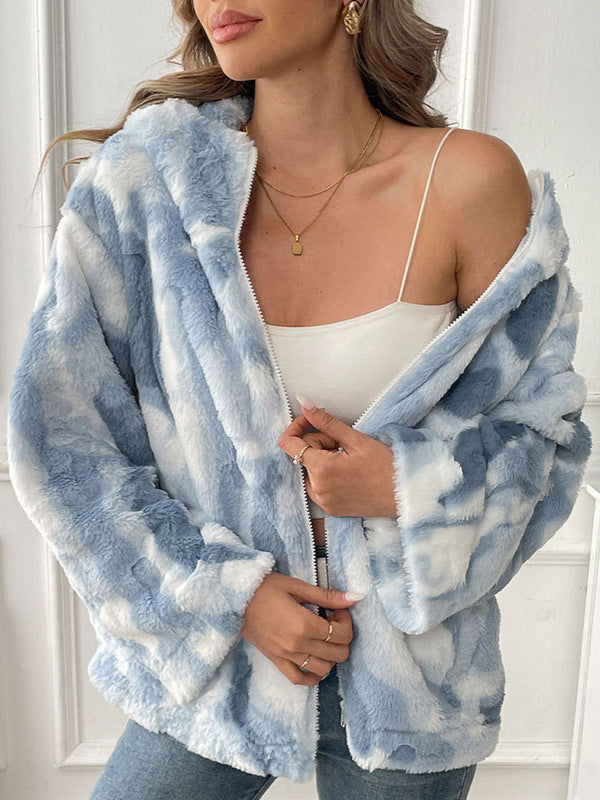 Tie-Dyed Faux Fur Jacket with Hood and Zipper Front