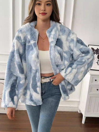 Tie-Dyed Faux Fur Jacket with Hood and Zipper Front