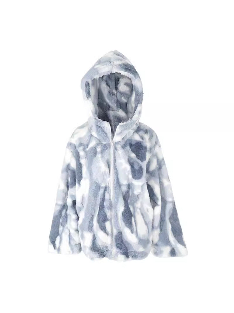 Tie-Dyed Faux Fur Jacket with Hood and Zipper Front