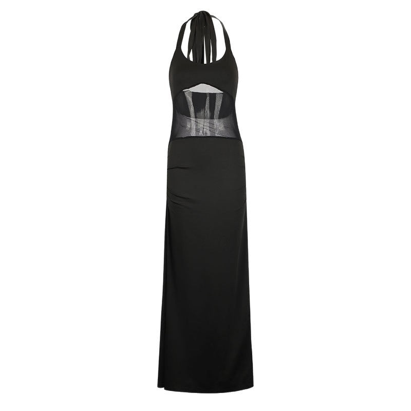Bodycon Halterneck Maxi Dress with Sheer Mesh Panel