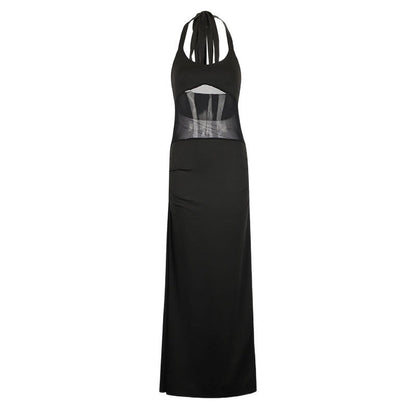 Bodycon Halterneck Maxi Dress with Sheer Mesh Panel