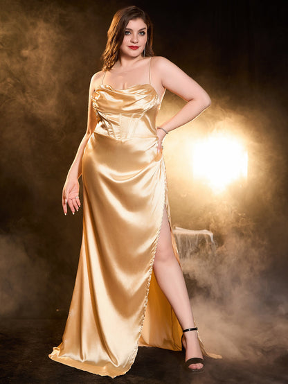 Satin Maxi Dress with Cowl Neck, Corset Bodice, and High Slit