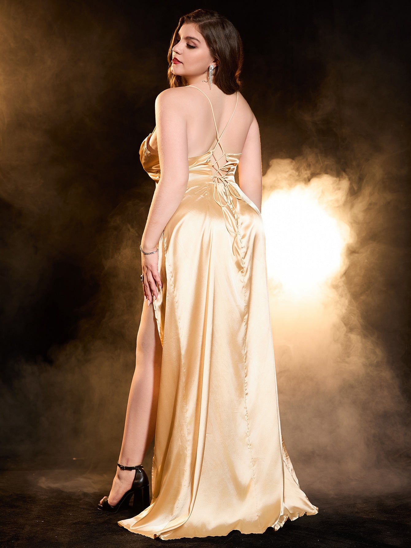 Satin Maxi Dress with Cowl Neck, Corset Bodice, and High Slit
