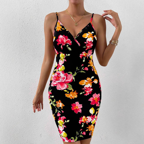 Floral Bodycon Dress with V-Neck and Spaghetti Straps